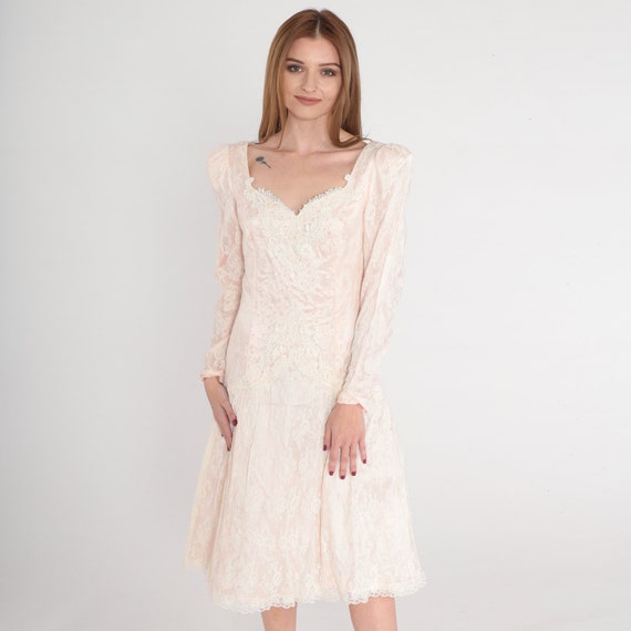 Lace Party Dress 80s Scott McClintock Blush Pink Formal Long Puff Sleeve Sequin Beaded Floral Trim Sweetheart Neckline Vintage 1980s Small 6