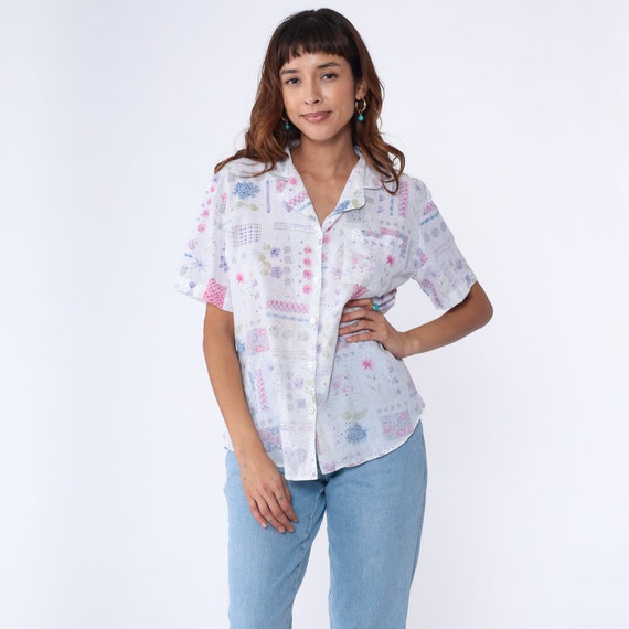 White Floral Blouse 90s Button Up Shirt Semi-Sheer Short Sleeve Top Flower Print 1990s Vintage Speckled Heart Flower Large L