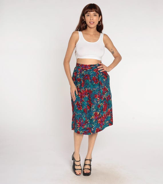 90s Tropical Skirt Floral Palm Print Turquoise Red Purple Elastic Waist Full Gathered Vintage Colorful Vacation Resort Summer Beach Medium M