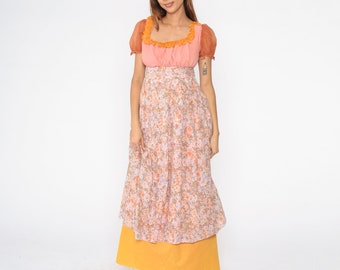 70s Peasant Maxi Dress Attached Apron Floral Print PUFF Sleeve Boho 1970s Hippie Bohemian Empire Waist Festival Vintage Striped Pink Small