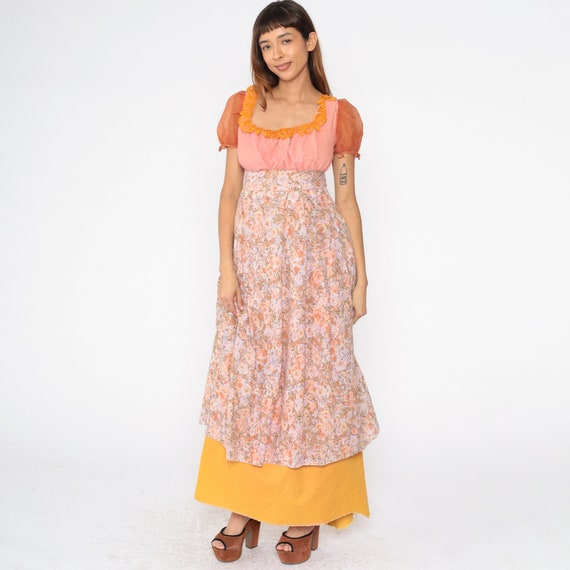 70s Peasant Maxi Dress Attached Apron Floral Print PUFF Sleeve Boho 1970s Hippie Bohemian Empire Waist Festival Vintage Striped Pink Small