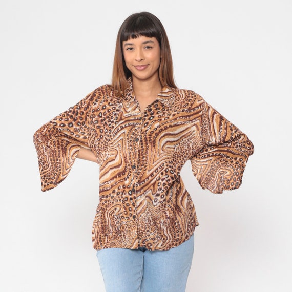 Animal Print Blouse 90s Bell Sleeve Top Button up Shirt Boho Abstract Leopard Cheetah Print Jungle Hippie Glam Vintage 1990s Extra Large xl