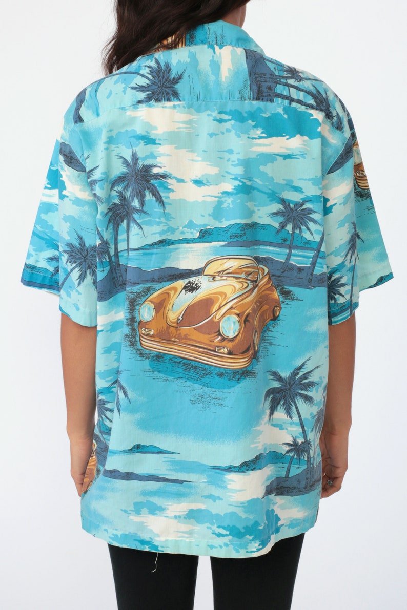 Tropical Car Shirt Surfer HAWAIIAN Blouse 80s Blue Top CLASSIC CAR Print Button Up Short Sleeve Surf Hipster Vintage Beach Extra Large xl l
