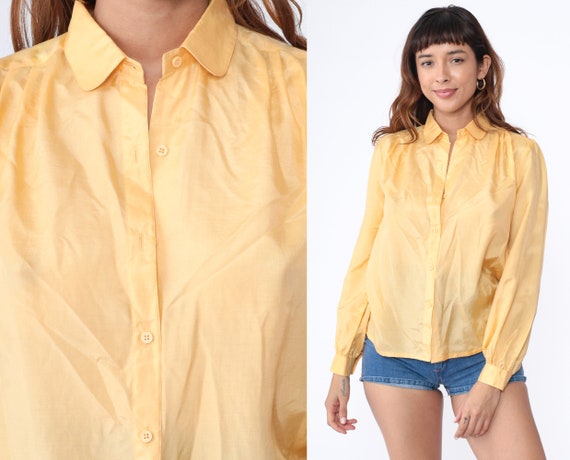 Yellow Silk Top Button Up Shirt 80s Puff Sleeve Blouse Preppy Feminine Simple Solid Collar Top Vintage 1980s Long Sleeve Shirt Medium 10