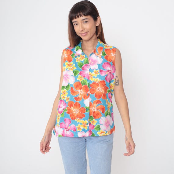 Sleeveless Hawaiian Shirt Linen Y2K Blue Hibiscus Floral Print Vintage Sleeveless Button Up Resort Vacation Cabana Wear Medium M 12