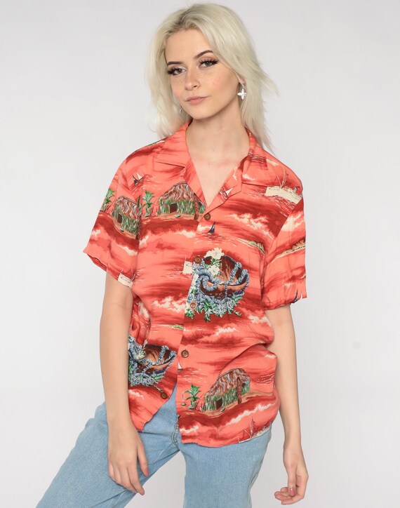 90s Hawaiian Shirt Ocean Pacific Button Up Tropical Print Red Surfer Coconut Lei 1990s Top Vintage Surf Sailboat Short Sleeve Retro Medium M