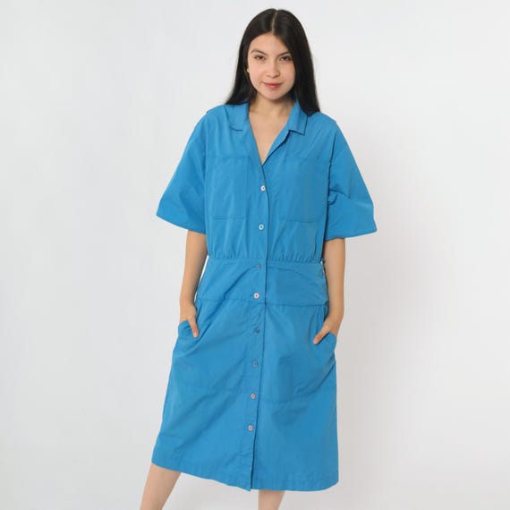 80s Blue Midi Dress Vintage Day Dress Utility Chest Pocket Plain Low Waisted 1/2 Sleeve Collared Minimalist Casual Retro 1980s Medium 10