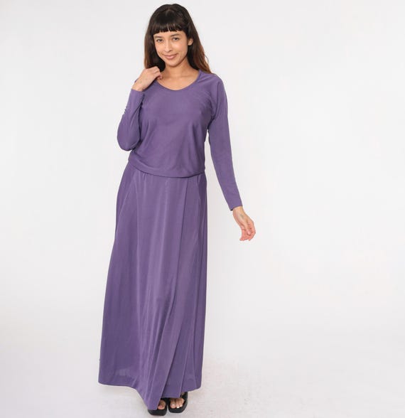 1970s Maxi Dress Purple Blouson Dress High Waist 70s Boho Grecian Party Long Sleeve Scoop Neck Bohemian Plain Formal Miss Elliette Medium