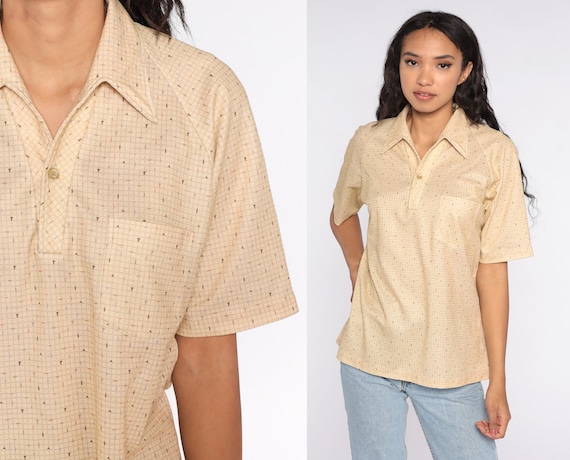 70s Polo Shirt Sand Colored Confetti Shirt Dagger… - image 1