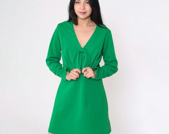 Vintage Green Babydoll Dress Keyhole Back 60s 70s Mod Mini Empire Waist Gogo Twiggy V Neck Long sleeve Open Back Large 12