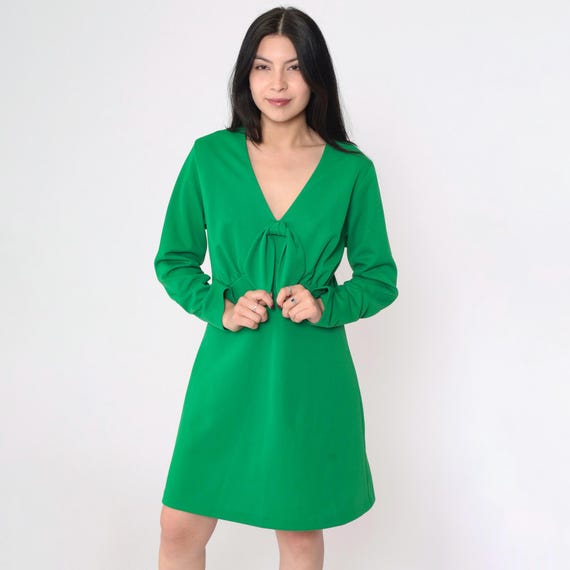 Vintage Green Babydoll Dress Keyhole Back 60s 70s Mod Mini Empire Waist Gogo Twiggy V Neck Long sleeve Open Back Large 12