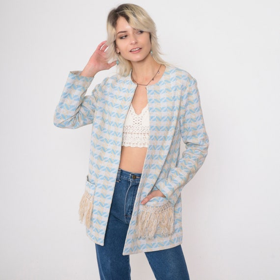 70s Blazer Open Front Jacket Baby Blue Checkered Chevron Print Fringe Pocket Collarless Jacket Top Disco Retro Vintage 1970s Small Medium