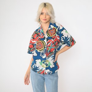 Vintage 90er Tropisches Shirt Nautisches Print Shirt Button-Up Kurzarm Kompass Papagei Globus Karte 1990s Casual Top Large L