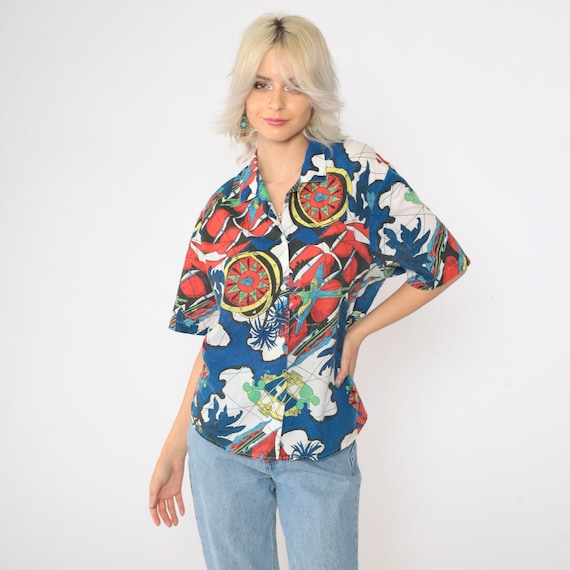 Vintage 90s Tropical Shirt Nautical Print Shirt Button-Up Short Sleeve Compass Parrot Globe Map 1990s Casual Top Large L