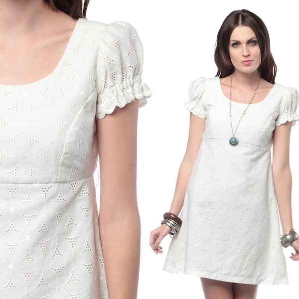 White EYELET Dress 70s Mini Peasant Puff Sleeve FLORAL Cut Out 1970s Boho Dolly Vintage Empire Waist Ruffle Babydoll Minidress Small Medium