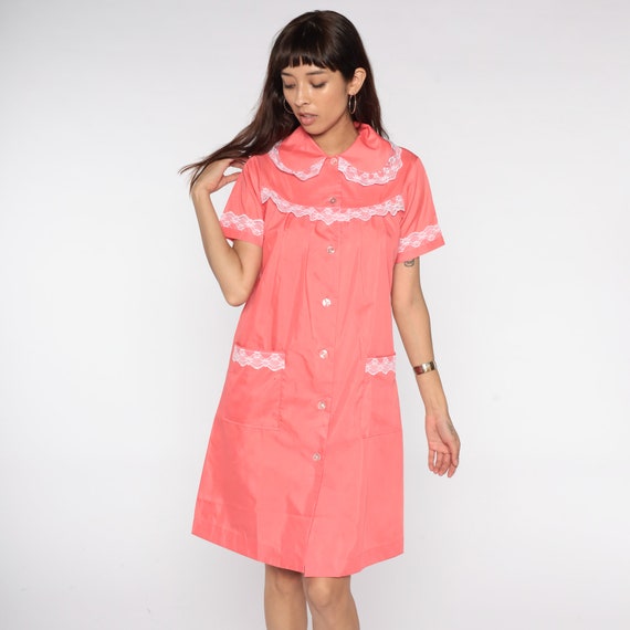 60s House Dress PINK Lace Day Dress Loungewear Bo… - image 4