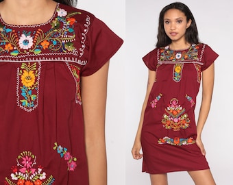 Burgundy Mexican Dress Embroidered Floral Mini Dress Hippie Boho Red Tent Bohemian Tunic Festival Minidress Summer Extra Small XS