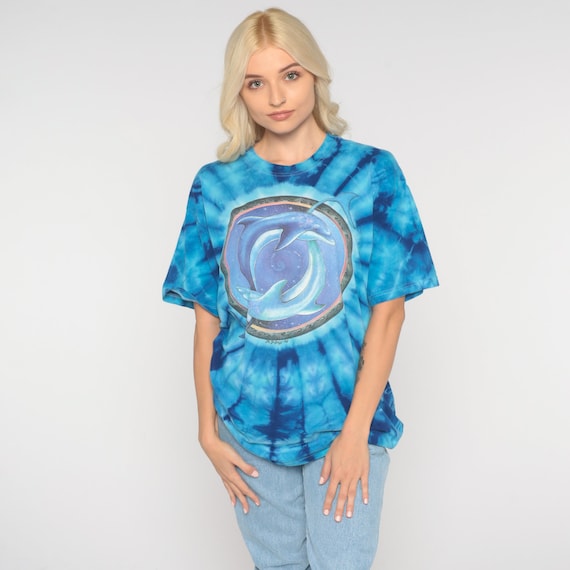 90s Dolphin Shirt Blue Tie Dye Under The Sea Shirt Graphic Tshirt Spiritual T Shirt 90s Print Top Galactic Shirt Hippie Vintage Medium