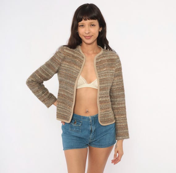90s Bouclé Open Front Cardigan Tan Cream Brown Striped Wool Blend Jacket Tweed Knit Cropped Blazer Earth Tone Academic Woven Vintage Small S