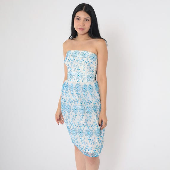 60s Strapless Dress Blue Embroidered Floral White Sundress Metal Zipper High Waist Summer Dress Vintage 1960s Knee Length 2xs xxs 31" Bust