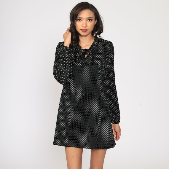 Black Ascot Dress -- 70s Mini Necktie Secretary Polka Dot Dress Shift Bohemian Bow Vintage Long Sleeve Extra Large xl