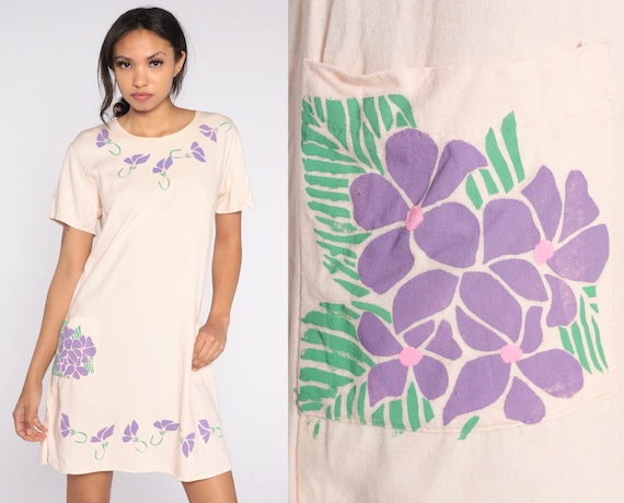 Floral Tshirt Dress Vintage Beige Linen Dress Pocket Purple Tropical Tee Shirt 90s Grunge T Shirt Graphic Dress 1990s Casual Day Small