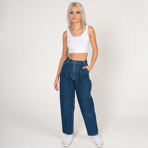 80s Dark Wash Jeans High Waisted Paper Bag Jeans Relaxed Straight Leg Tapered Leg Jeans Mom Blue Denim Retro Vintage 1980s Extra Small xs 24