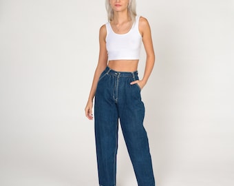 80s Dark Wash Jeans High Waisted Paper Bag Jeans Relaxed Straight Leg Tapered Leg Jeans Mom Blue Denim Retro Vintage 1980s Extra Small xs 24