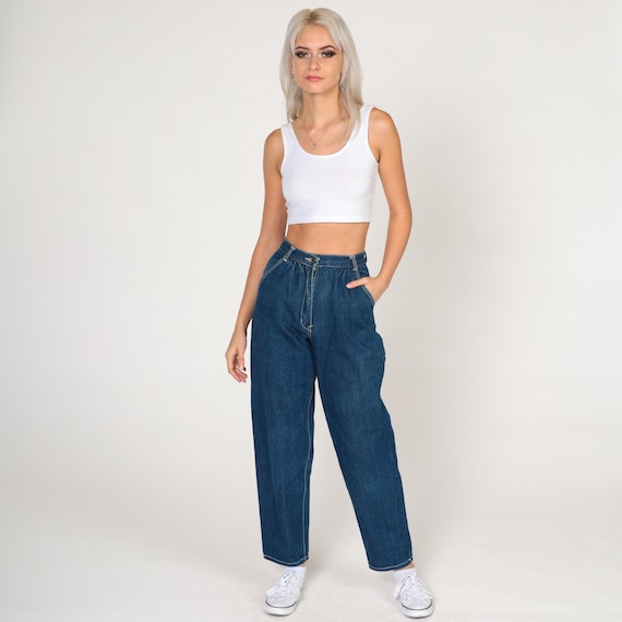 80s Dark Wash Jeans High Waisted Paper Bag Jeans Relaxed Straight Leg Tapered Leg Jeans Mom Blue Denim Retro Vintage 1980s Extra Small xs 24