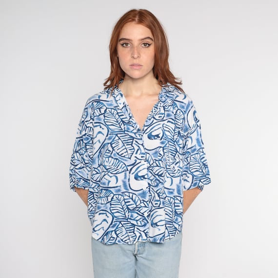 Leaf Print Shirt 90s Blue White Button Up Top Retro Surfer Vacation Short Sleeve Hipster Abstract Statement Vintage 1990s Rayon Large L