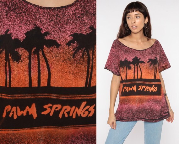 Palm Springs T Shirt 90s California Sunset Shirt Short Sleeve Orange Pink Palm Trees Tshirt Tourist Tee 1990s Vacation Large