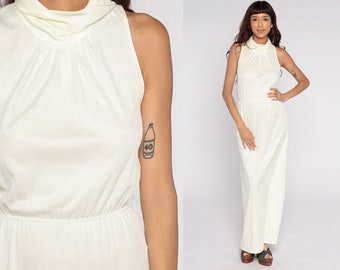 1970s Maxi Dress Off-White Party Dress 70s Boho Mock Neck Dress Grecian Long High Waist Sleeveless Drape Gown Formal Small xs s