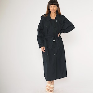 Vintage Black Trench Coat 90s Double Breasted Utility Jacket Long Maxi Button Up Belted Collared 1990s Liz Claiborne Oversize Large L