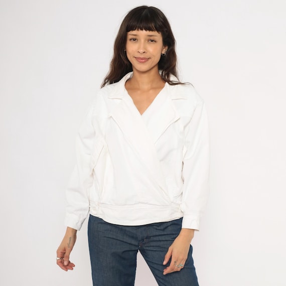 80s Wrap Front Jacket White Cotton Cropped Bomber V Neck Ivory Blouson Together Brand Cream Short Coat Minimal Vintage Medium M