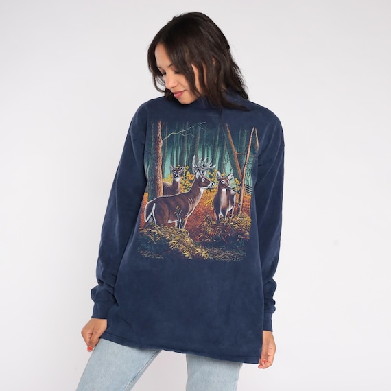 90s Deer Sweatshirt Wildlife Shirt Navy Blue Hunting Mock Neck Long Sleeve Buck Forest Scene Outdoorsman Nature Woodland Animal Tee Large L