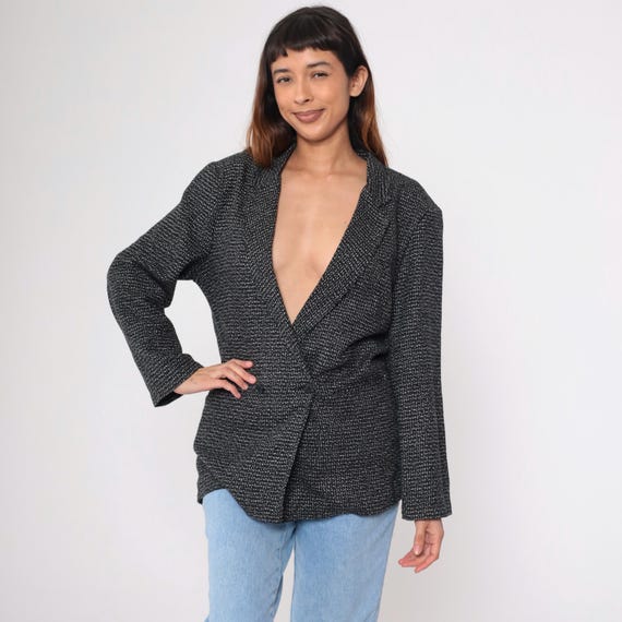 Vintage 80s Double Breasted Blazer Black White Textured Woven Deep V Neck Oversized Sports Jacket Dark Academia Power Suit Office Medium 36
