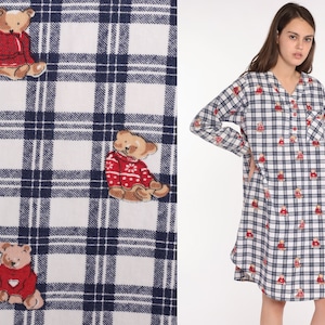 Nightgown Pajama Dress Flannel Teddy Bear Nightie 80s Checkered Retro Tshirt 1980s Kawaii Midi Medium image 1