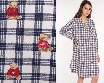 Nightgown Pajama Dress Flannel Teddy Bear Nightie 80s Checkered Retro Tshirt 1980s Kawaii Midi Medium