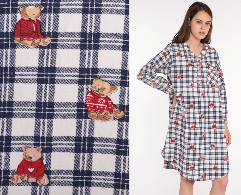 Nightgown Pajama Dress Flannel Teddy Bear Nightie 80s Checkered Retro Tshirt 1980s Kawaii Midi Medium image 1