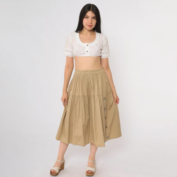Western Prairie Skirt Vintage 90s Beige Cotton Midi Floral Buttons Tiered Ranch Wear Cowgirl Country Cottagecore Festival Skirt Small S