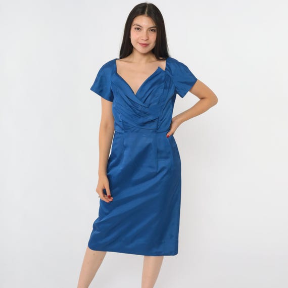Vintage Royal Blue Cocktail Dress 50s Short Sleeve Midi Sheath Sculptural Draped Neckline Classic Wiggle Party Gown 1950s Small S