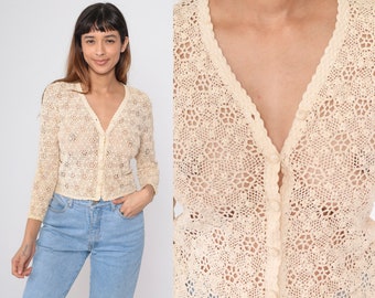 Sheer Crochet Cardigan 90s Cream Yellow Floral Button Up Top Open Weave Knit Top Summer Festival Hippie Bohemian Retro Vintage 1990s Small 4