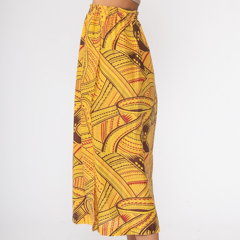 African Skirt Boho Tribal Print Yellow HIGH WAISTED Midi Skirt 80s Long Vintage Hippie Festival Summer Skirt 1980s Small Medium image 4