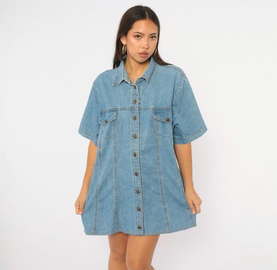90s Denim Shirt Blue Cotton Short Sleeve Button Front Boxy Collared Jean Blouse Light Wash Grunge Tunic Top Plus Size Extra Extra Large XXL
