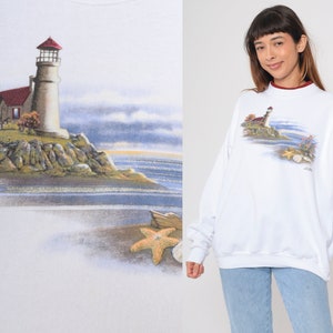 90s Lighthouse Sweatshirt Glittery Beach Sweater Retro Sparkly Seashell Graphic Double Collar Crewneck White Vintage 1990s Extra Large xl