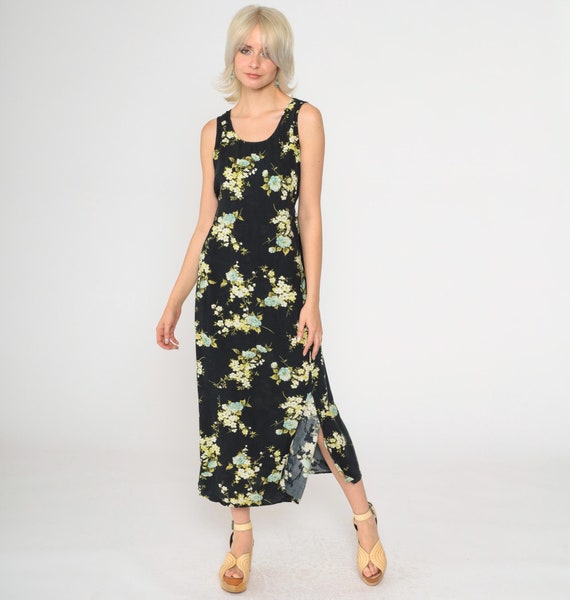 90s Black Floral Dress Sundress Sleeveless Ankle Length Midi Flower Print Dress Grunge Boho Summer Hippie Casual Tank Vintage 1990s Medium M