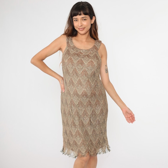 90s Metallic Lace Dress Gold Fringe Party Dress Sleeveless Mini Dress Glam Formal Cocktail Vintage 1990s Shift 14W Large L