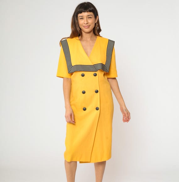 80s Yellow Sailor Collar Dress Double Breasted Button Up Shift Vintage Midi Striped Black Retro Short Sleeve V Neck Wrap 1980s Boxy Medium