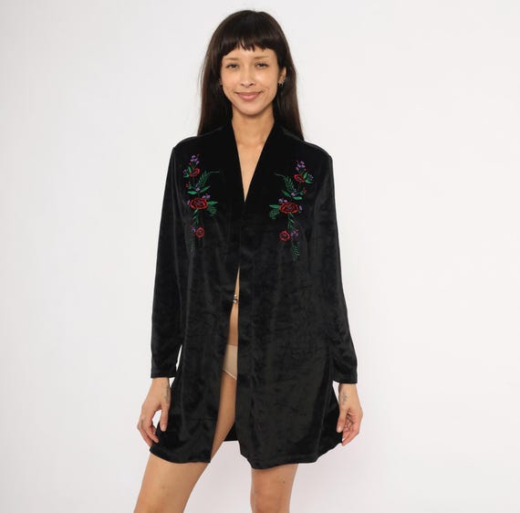 Embroidered Velvet Kimono 80s Black Floral Duster Rose Stitched Jacket Long Sleeve Cardigan Dark Botanical Robe Coat Vintage Womens Medium M
