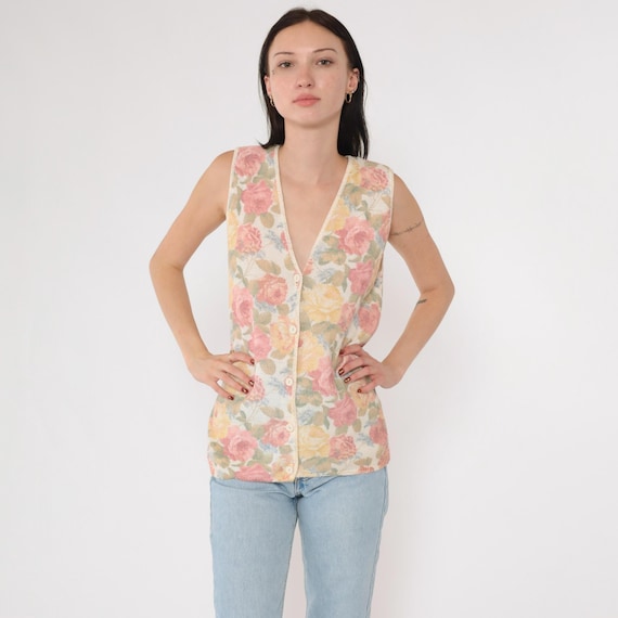 90s Floral Knit Vest Pastel Rose Print Sweater Vest Top Pink Yellow Button up Vest Retro Sleeveless V Neck Shirt Vintage 1990s Medium